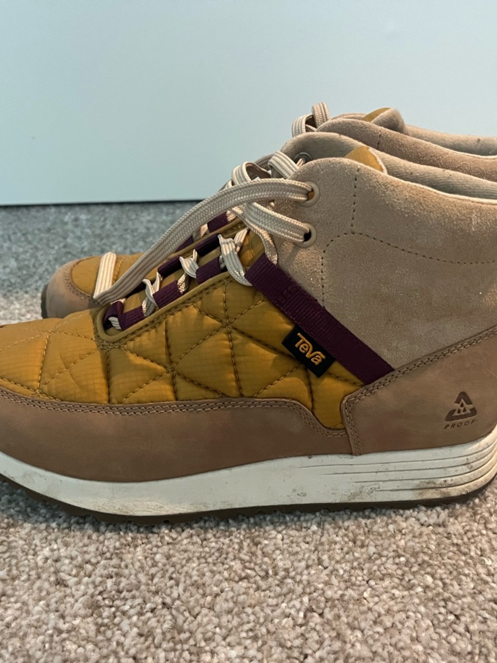 Teva Women's Tan and Mustard Quilted Ankle Boots with Purple Trim